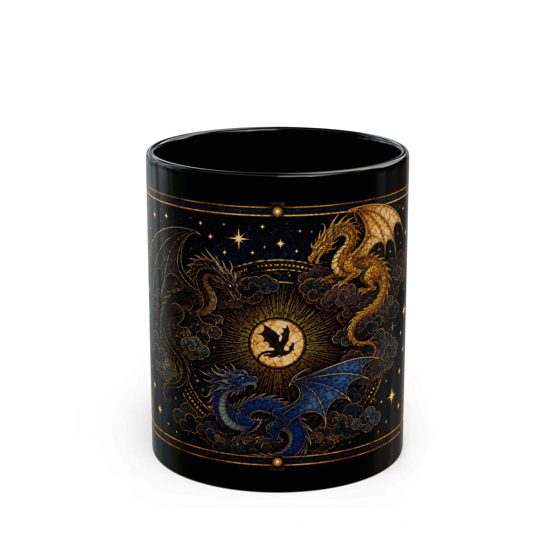 Black mug with a celestial design featuring blue, black, and gold dragons.