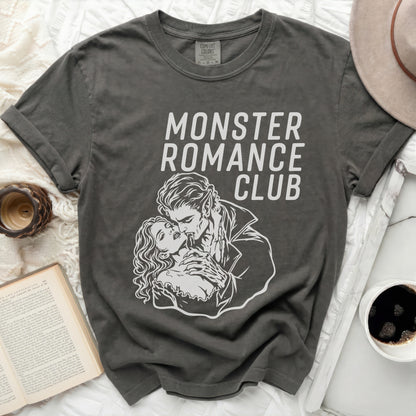 Dark grey t-shirt with "Monster Romance Club" and vampire couple graphic.