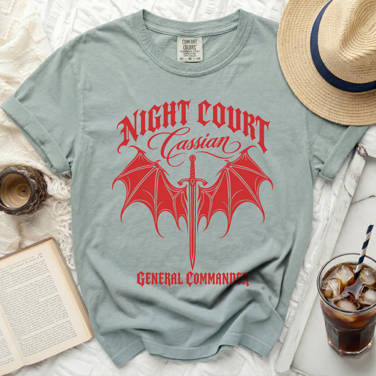 Green t-shirt with red "NIGHT COURT Cassian GENERAL COMMANDER" graphic.