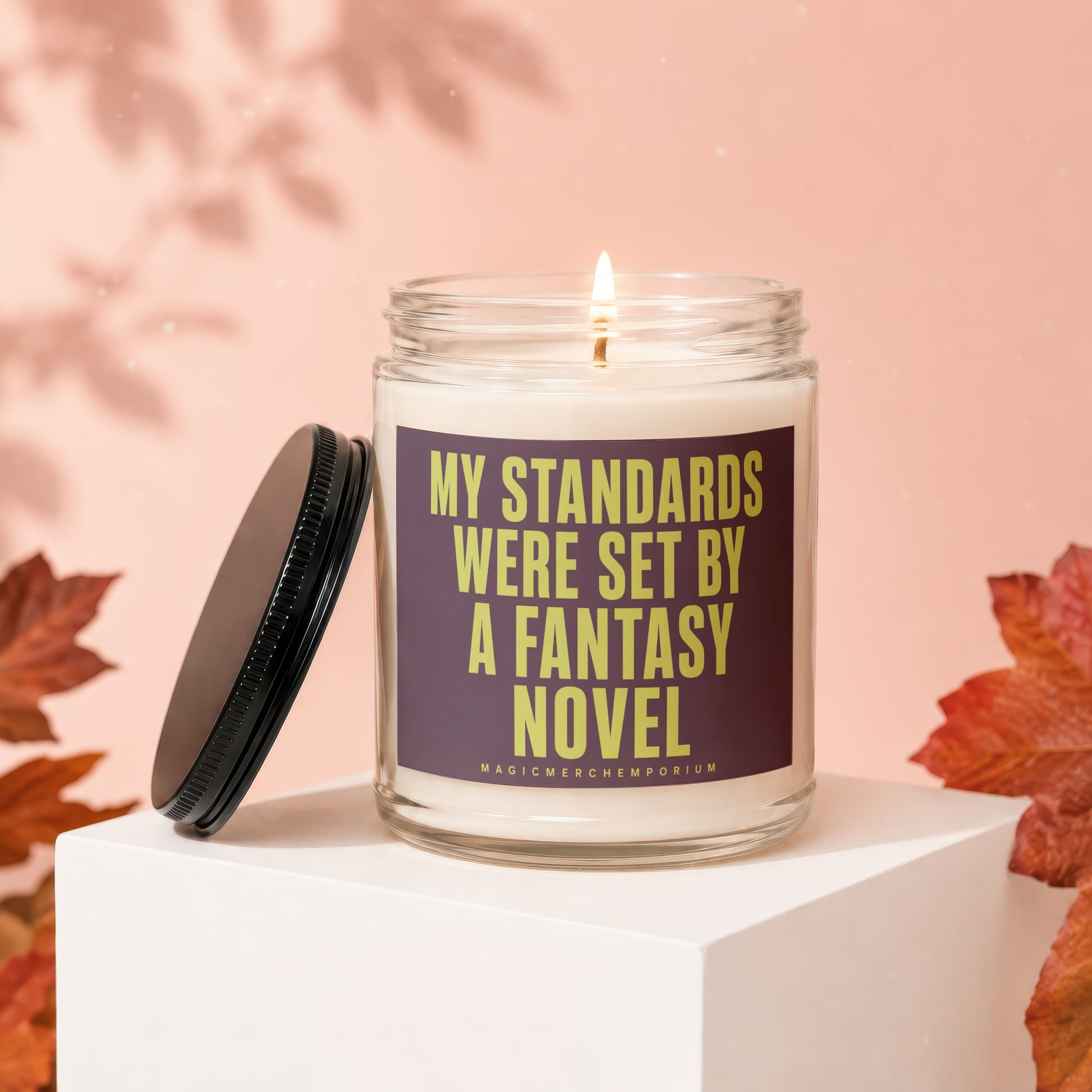 Scented candle with text "MY STANDARDS WERE SET BY A FANTASY NOVEL".