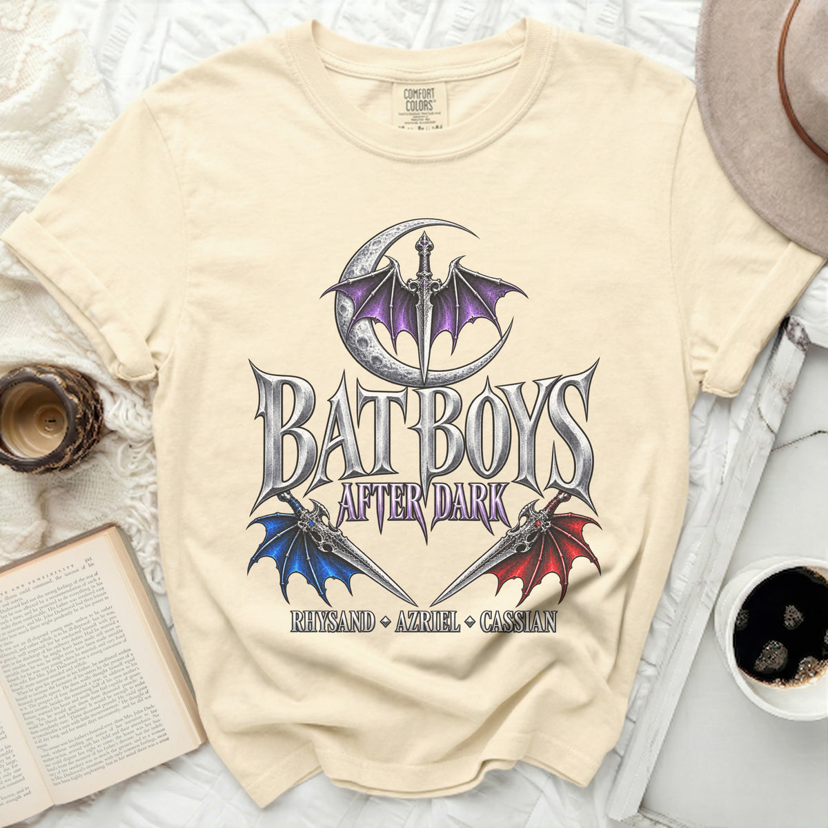 Comfort Colors t-shirt with "Bat Boys After Dark" and character names: Rhysand, Azriel, Cassian.