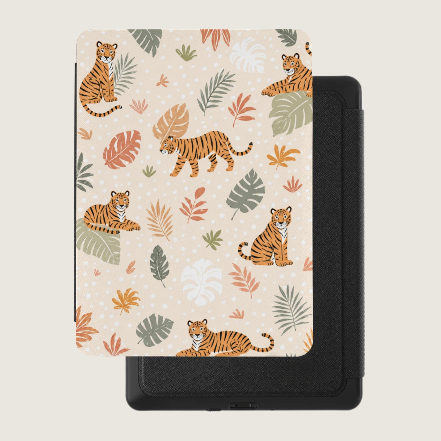 Book cover with a beige background featuring a seamless pattern of tigers and tropical leaves.