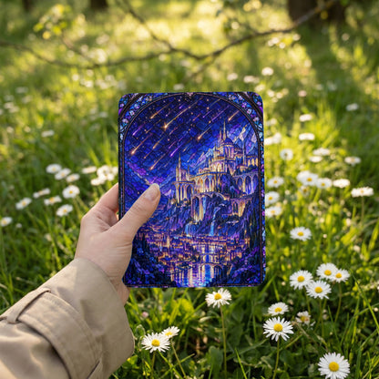 A hand holds an e-reader featuring a stained glass-style fantasy castle design against a background of blooming daisies.