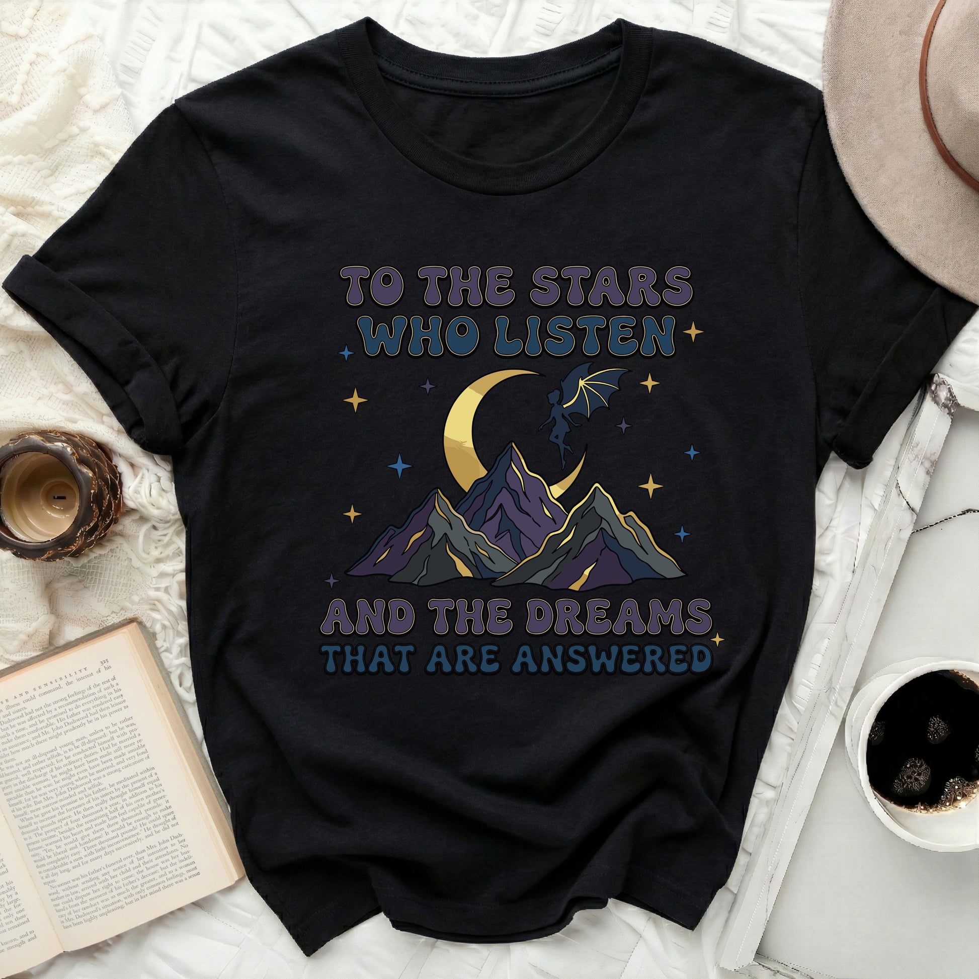 To The Stars Who Listen And The Dreams That Are Answered product type
Stars, Moon, Dreams, Answered, Fairy, Dragon, Mountains, Celestial, NightSky, FantasyArt, Mystical, Aesthetic, GraphicTee, QuoteShirt, Bookish, ReaderGift, Magical, Universe, Inspiration, Whimsical