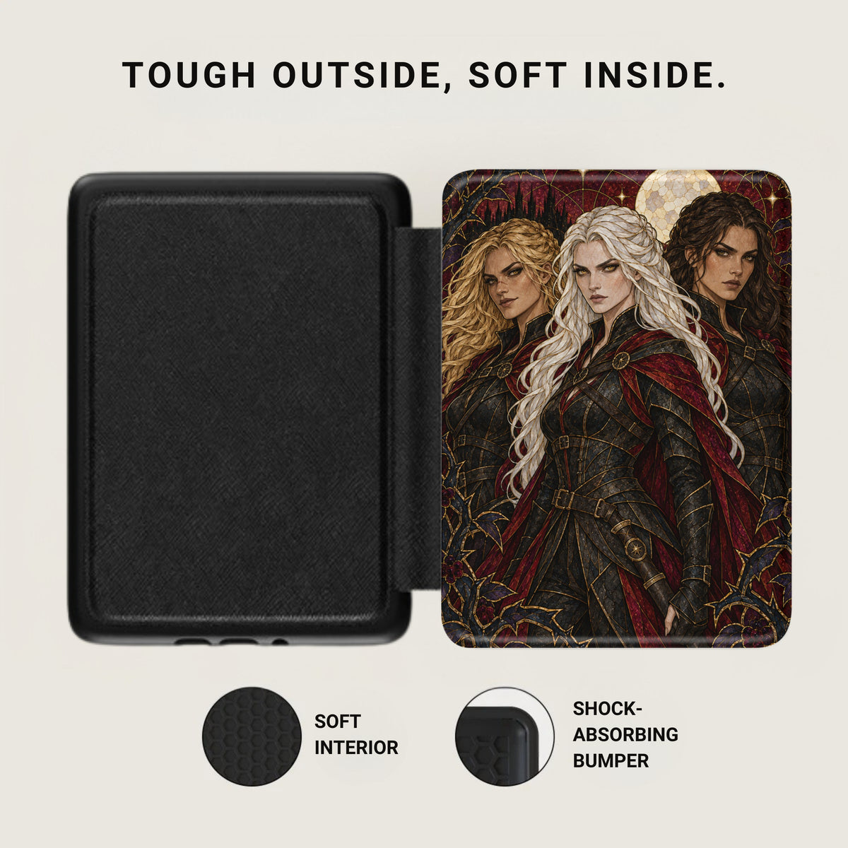 Black case open to show a book cover with three women and text "TOUGH OUTSIDE, SOFT INSIDE."