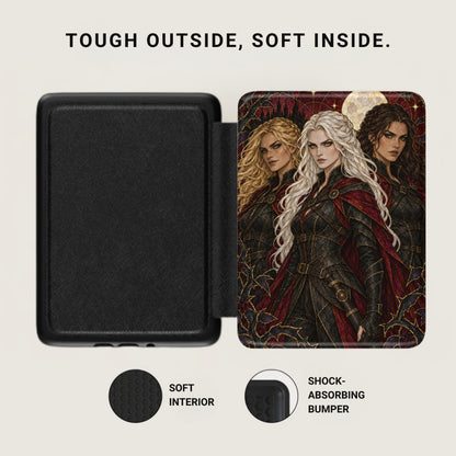 Black case open to show a book cover with three women and text "TOUGH OUTSIDE, SOFT INSIDE."