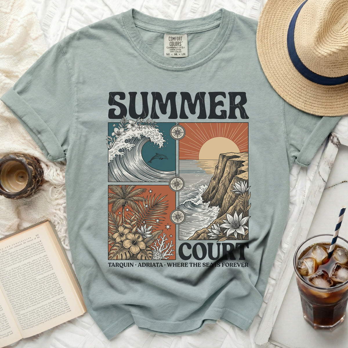 Green t-shirt with a graphic design featuring "SUMMER COURT" and four panels depicting ocean scenes.