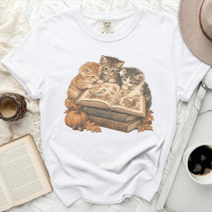 Three kittens read a book with autumn leaves, pumpkins, and acorns.