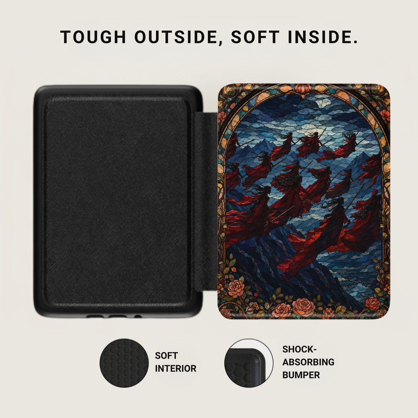 Black case open to reveal soft interior and stained-glass inspired art with figures in red.