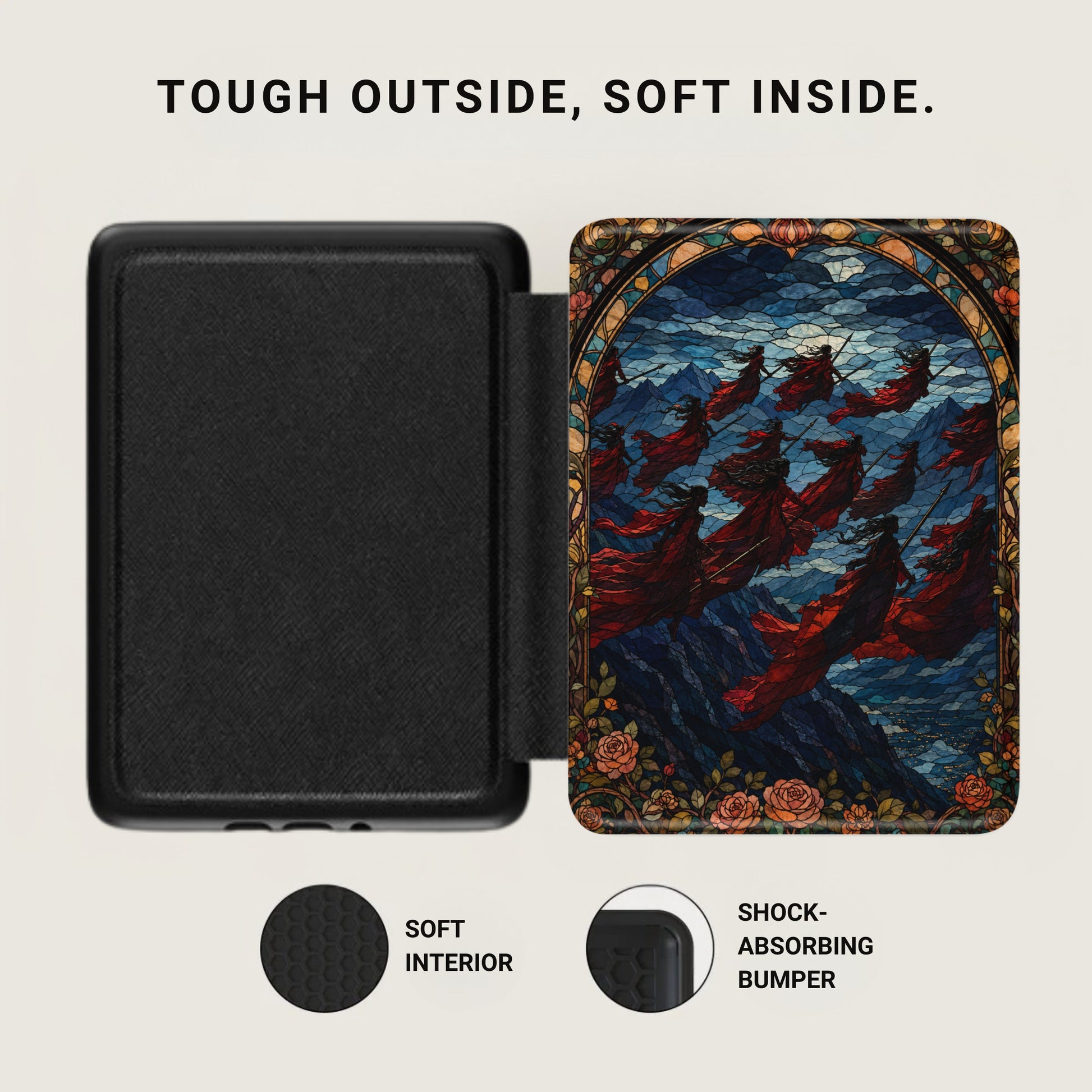 Black case open to reveal soft interior and stained-glass inspired art with figures in red.