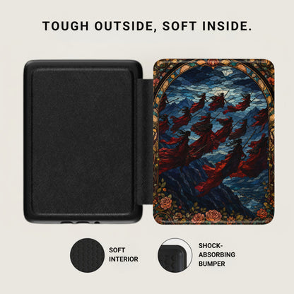 Black case open to reveal soft interior and stained-glass inspired art with figures in red.