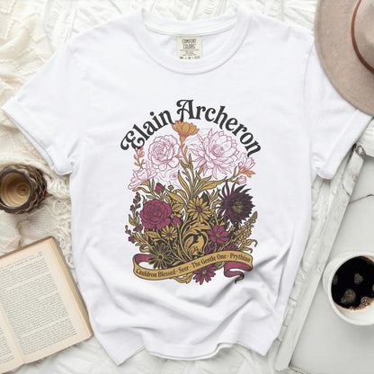 White t-shirt with Elain Archeron floral design and "Cauldron Blessed Seer The Gentle One Prythian".