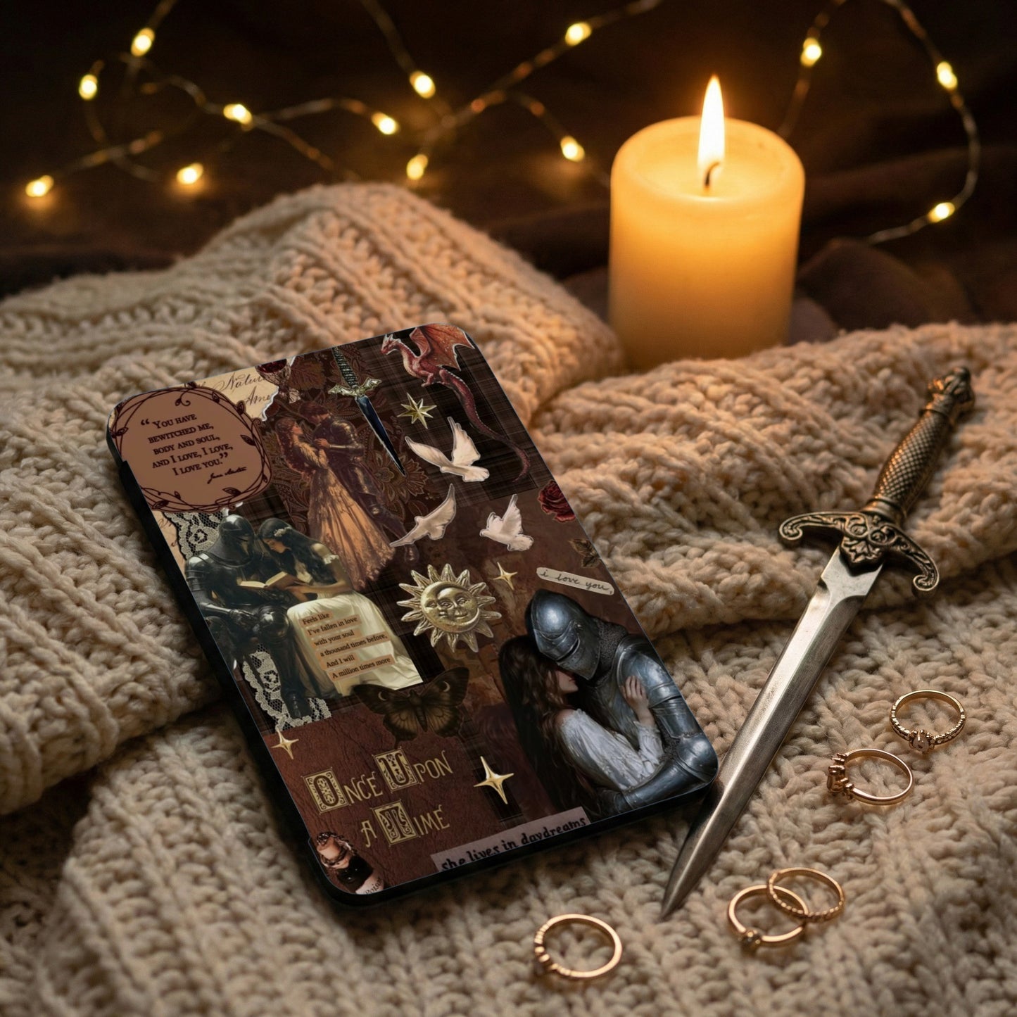 Collage-style phone case with romantic, fantasy elements like knights and dragons.