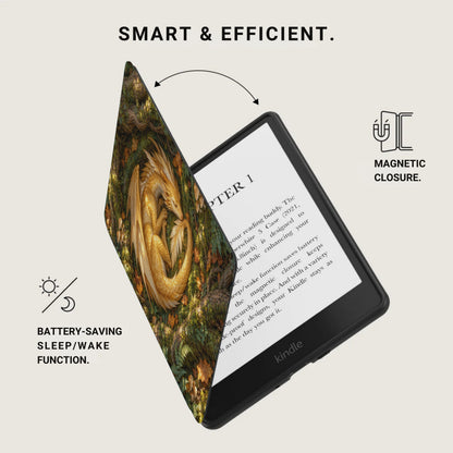 Kindle with a dragon-themed case, magnetic closure, and battery-saving function.