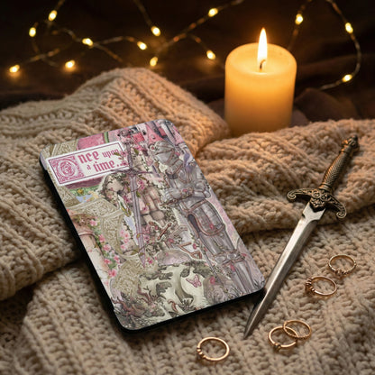 Journal with "nce upon a time" text, featuring a knight, sword, and fairy tale art.