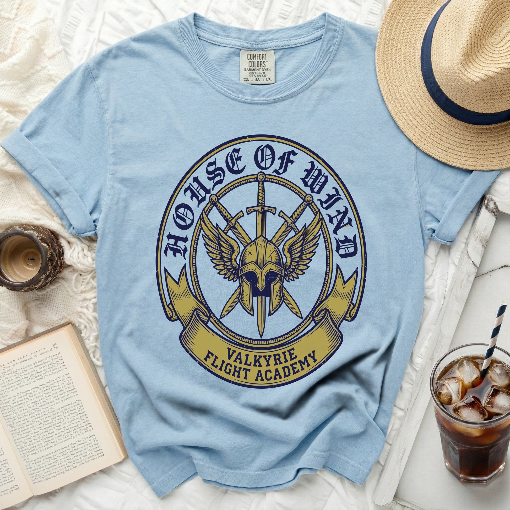 Blue t-shirt with "House of Mind Valkyrie Flight Academy" graphic.