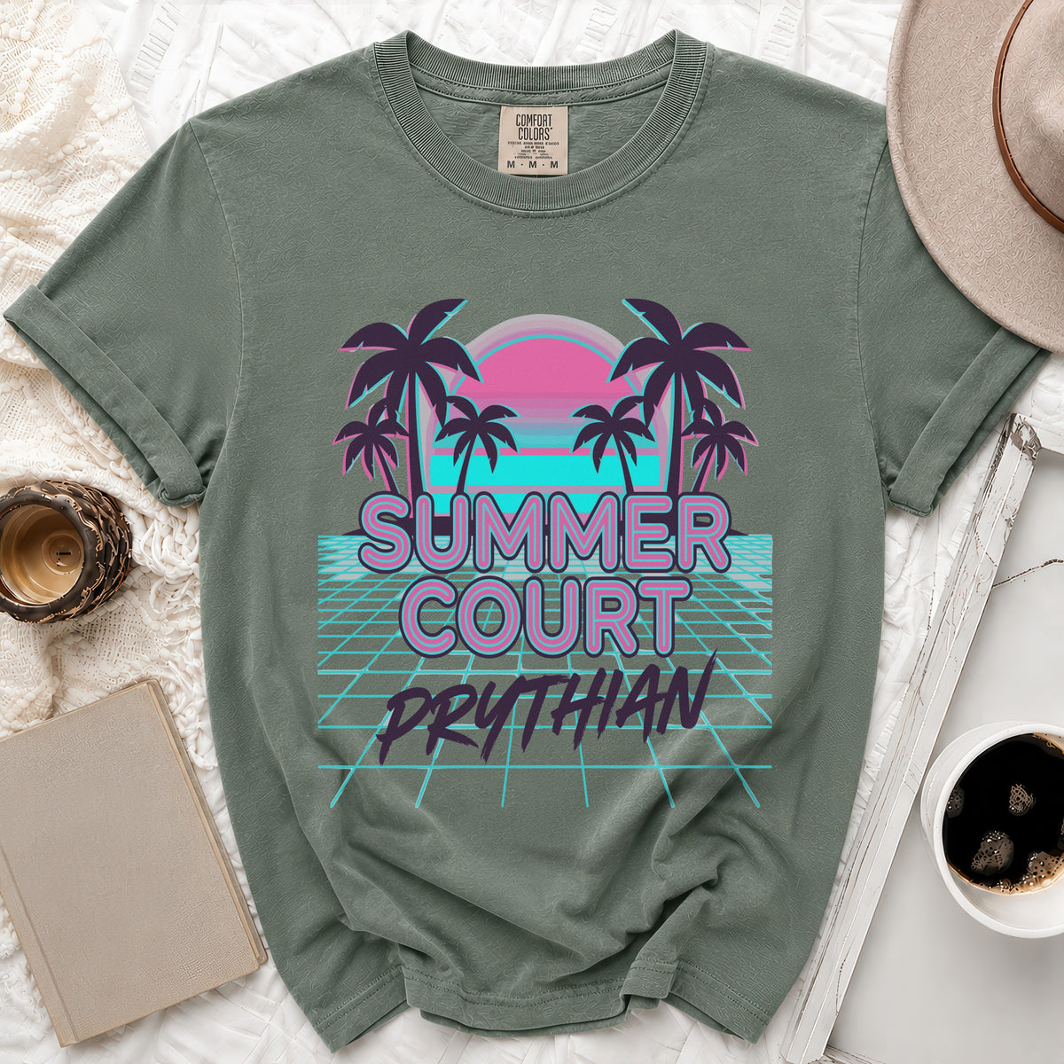 T-shirt with "Summer Court Prythian" text, palm trees, and sunset graphic.