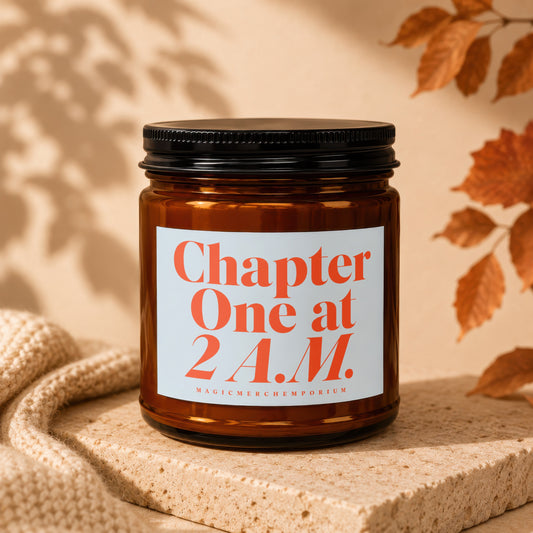 Amber jar candle with white label reading "Chapter One at 2 A.M."