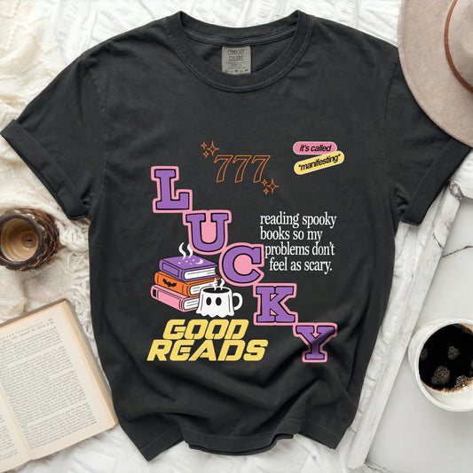 Lucky reads ghost, books, and 777 with spooky text.