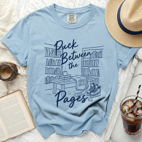 Puck Between the Pages Hockey Tee in Chambray