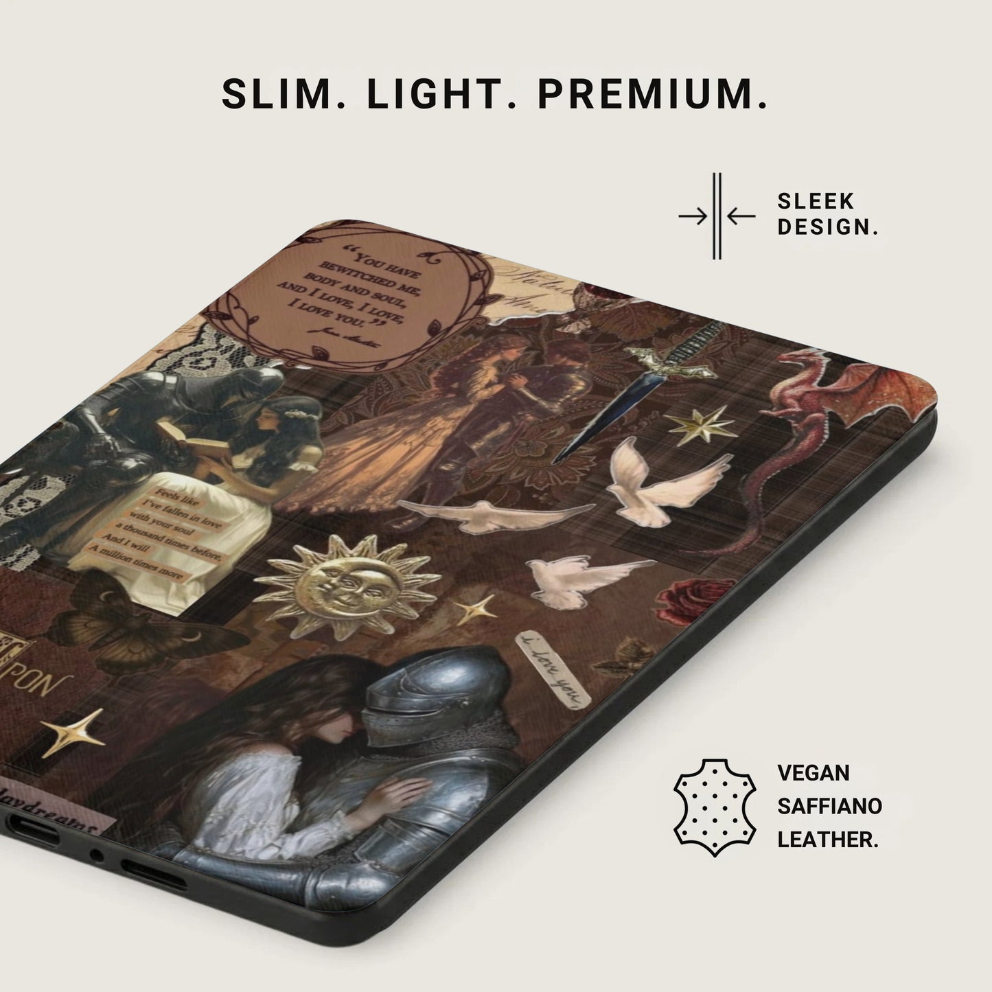 Collage of knights, lovers, dragons, and text on a phone case.