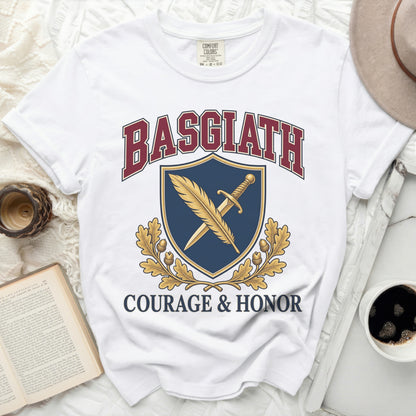Basgiath shield with sword, feather, and oak leaves, and Courage & Honor text.