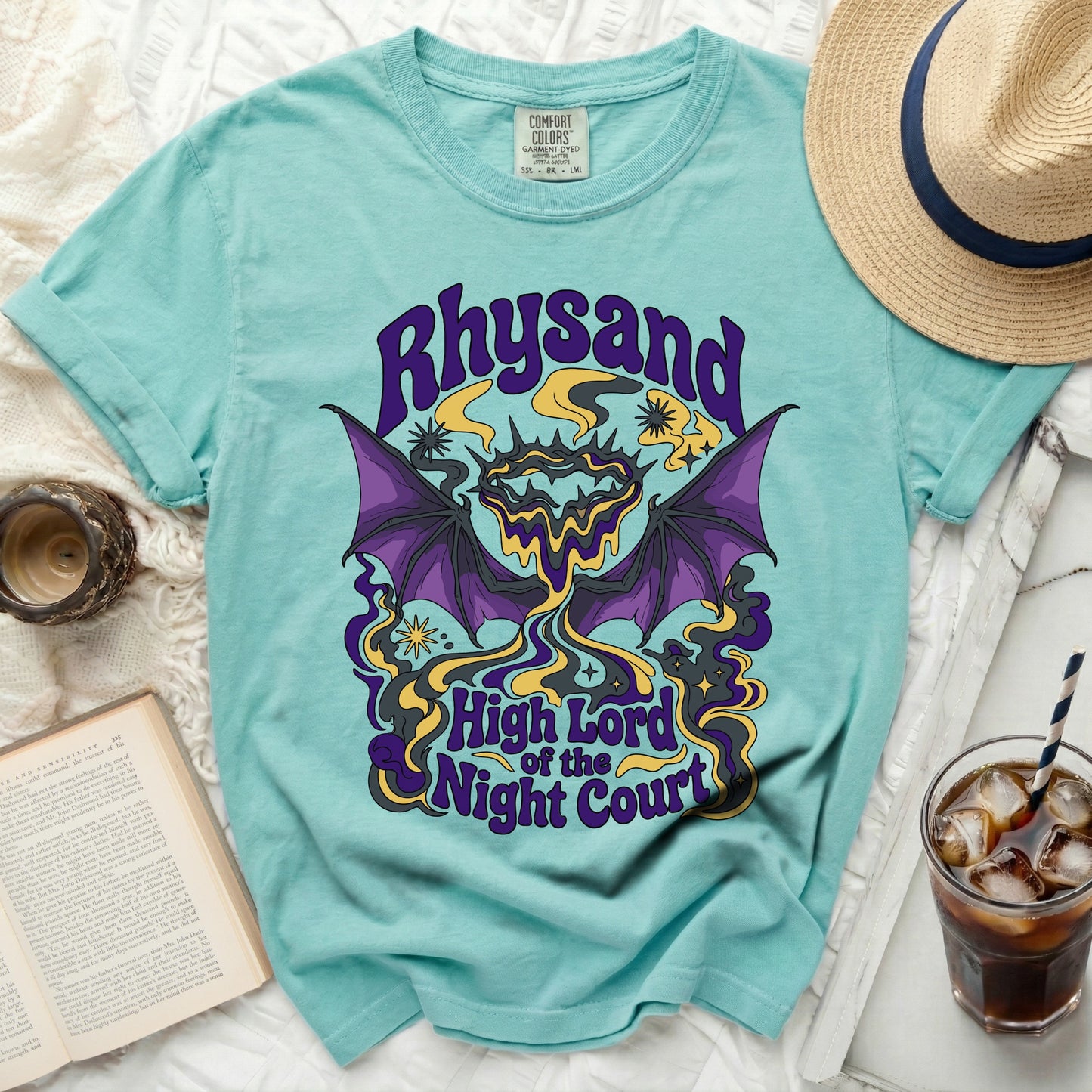 Teal t-shirt with "Rhysand High Lord of the Night Court" graphic.