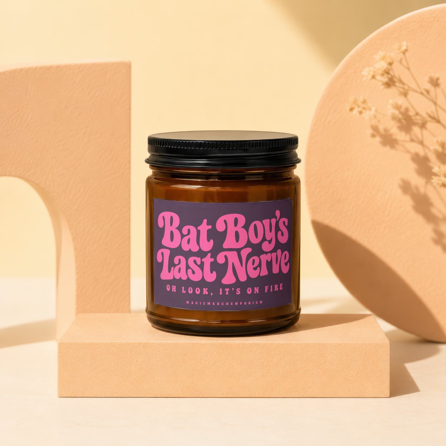 Amber jar candle with "Bat Boy's Last Nerve" text.