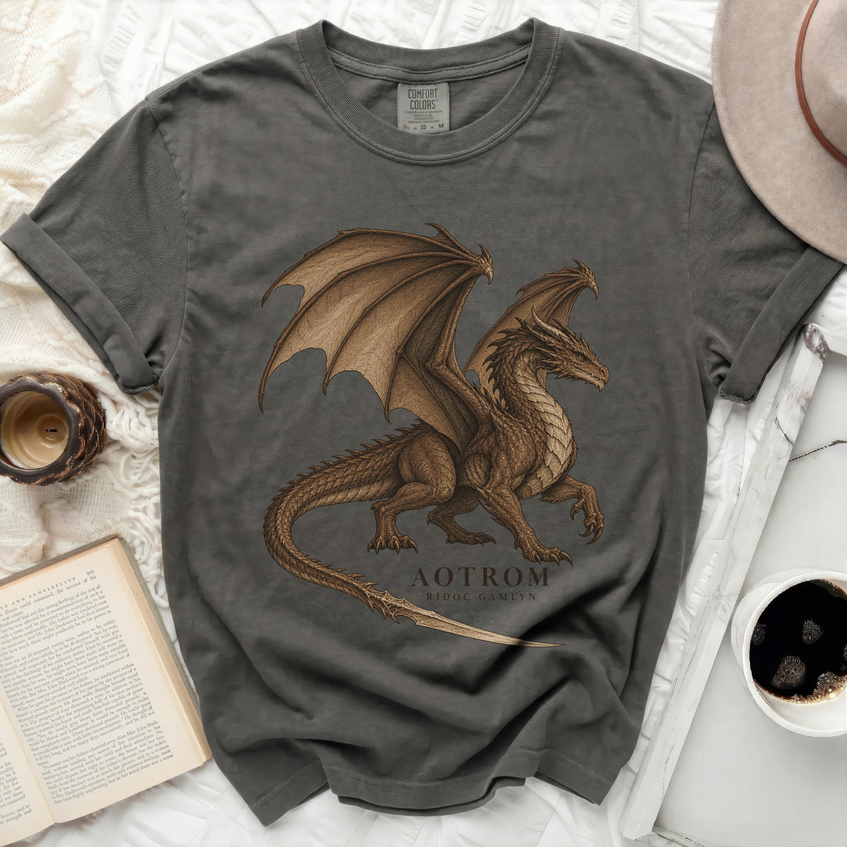 Dark grey t-shirt with a brown dragon graphic and text "AOTROM RIDOC GAMLYN".