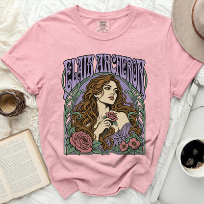 Pink t-shirt with "Elain Acheron" text and art nouveau style woman holding a rose.