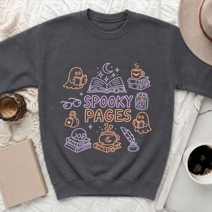 Dark grey sweatshirt with "Spooky Pages" text and Halloween-themed book illustrations.