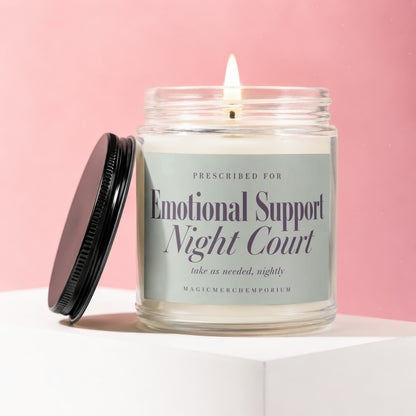 Candle labeled "Emotional Support Night Court" with text "take as needed, nightly".