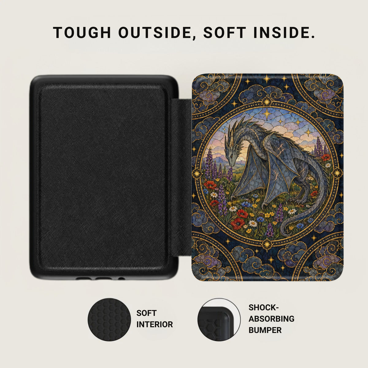 An open black e-reader case with a blue dragon and floral design on the front cover.
