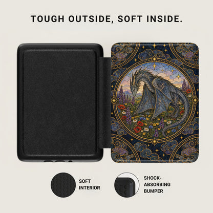 An open black e-reader case with a blue dragon and floral design on the front cover.