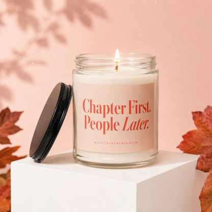 Candle with "Chapter First. People Later." text and a lit wick.