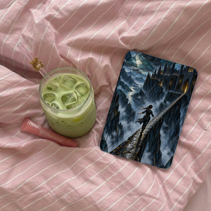 Matcha drink and Rhode lip balm next to a fantasy castle artwork on pink striped fabric.