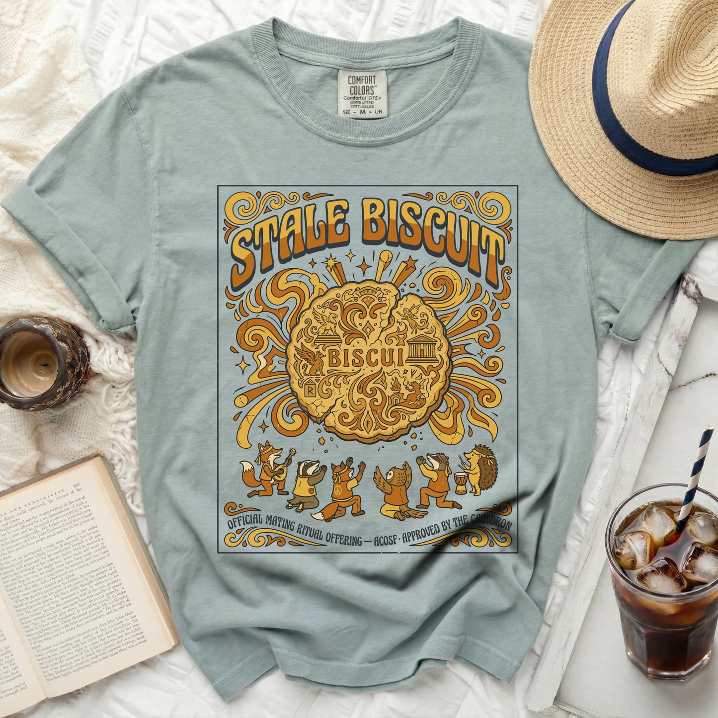 "Stale Biscuit" graphic t-shirt with woodland creatures and text.