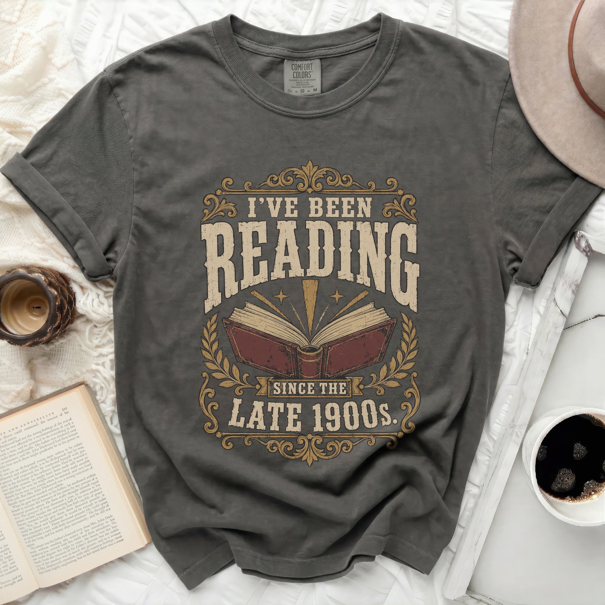 Dark grey t-shirt with "I've Been Reading Since the Late 1900s" graphic.