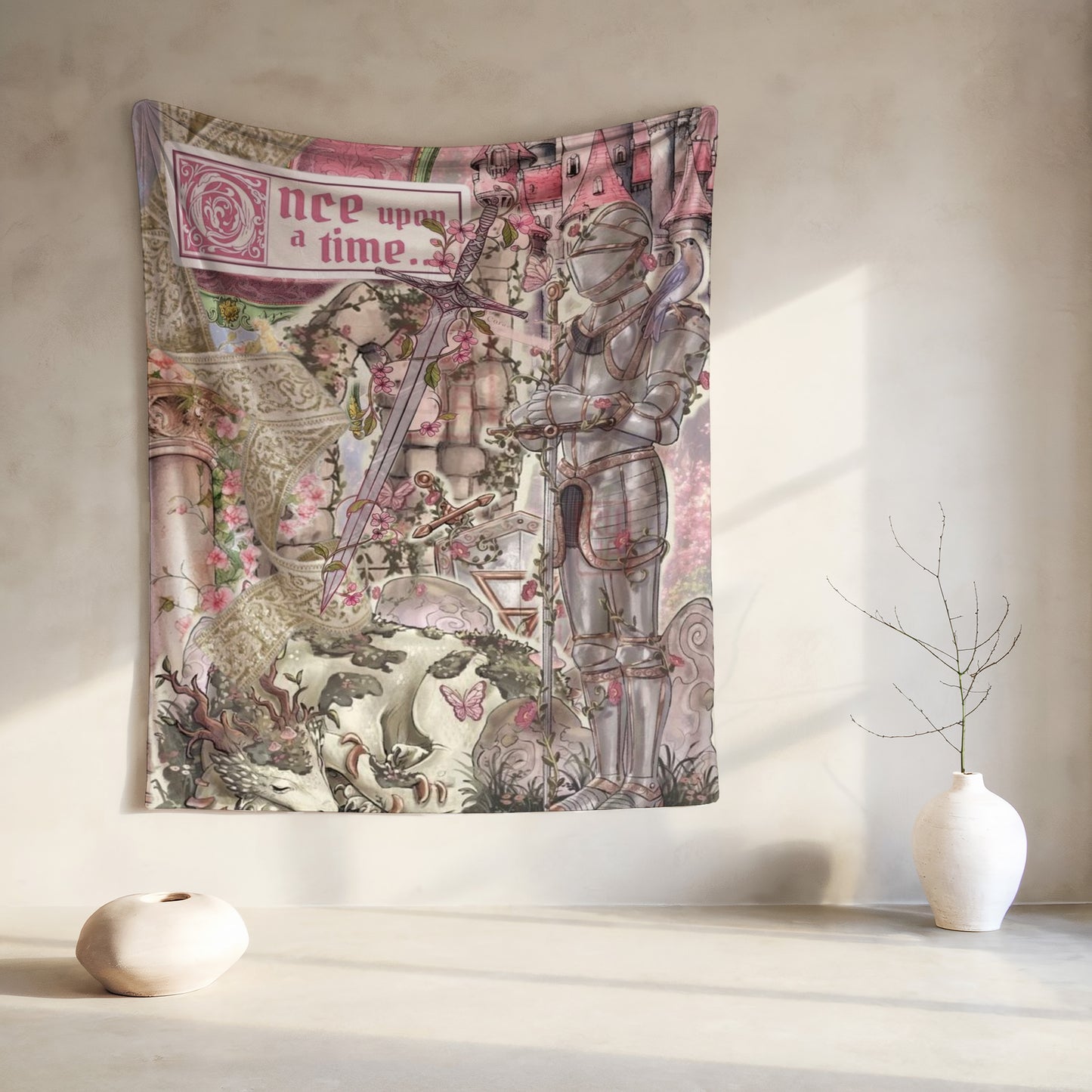 Tapestry with knight and castle, depicting "Once upon a time".