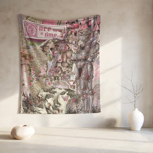 Tapestry with knight and castle, depicting "Once upon a time".