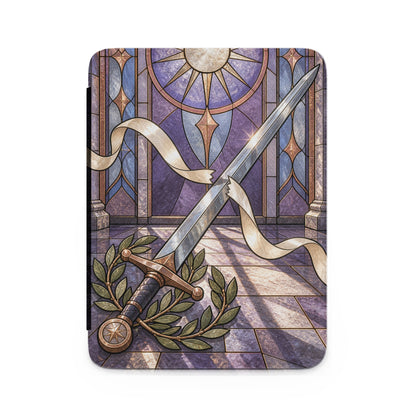 Sword and laurel wreath in front of a sunburst stained glass window.