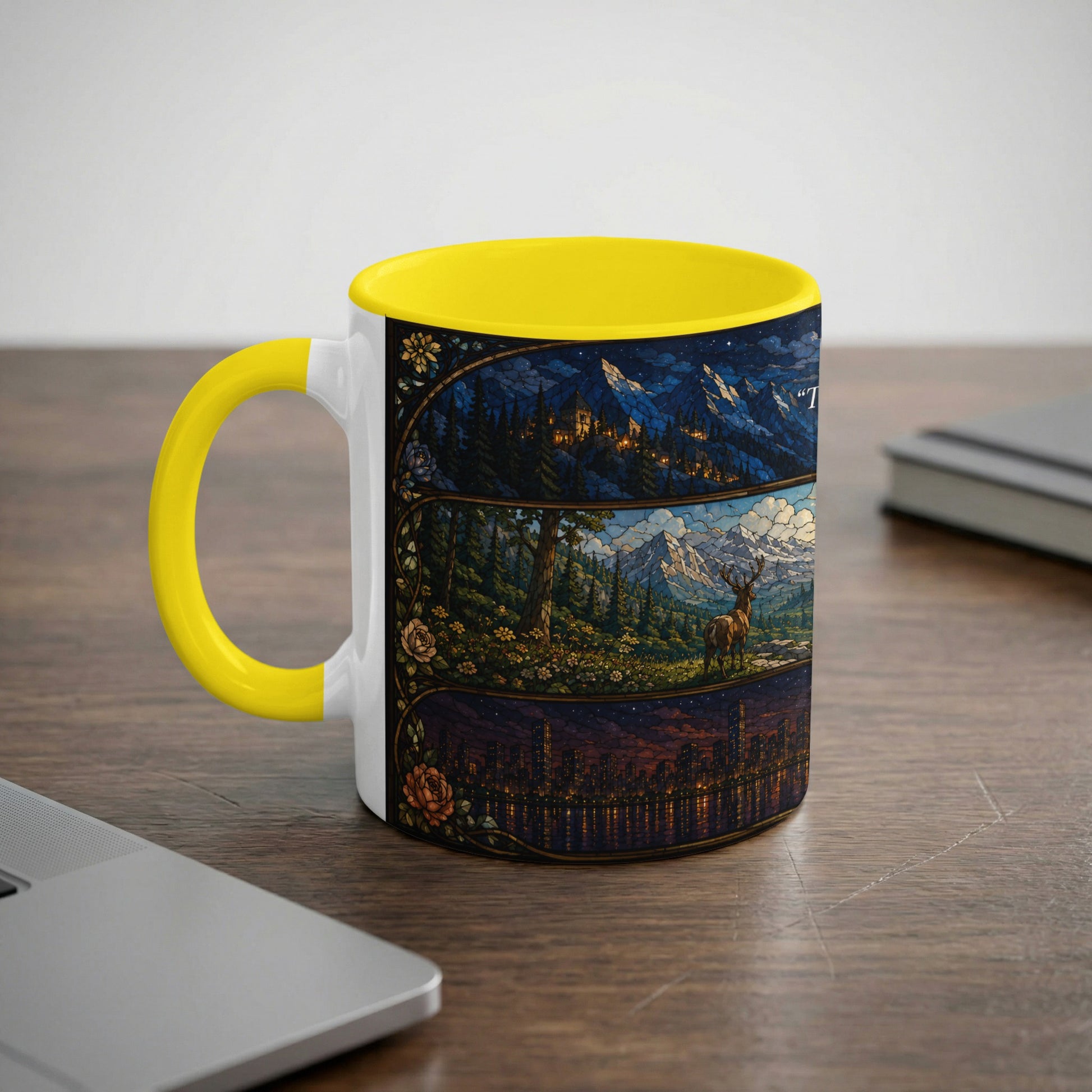 White mug with yellow handle, featuring three stained-glass style scenes.
