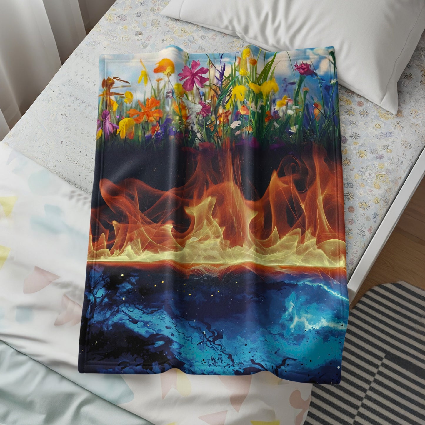 Colorful Floral and Fire Fantasy Throw Blanket