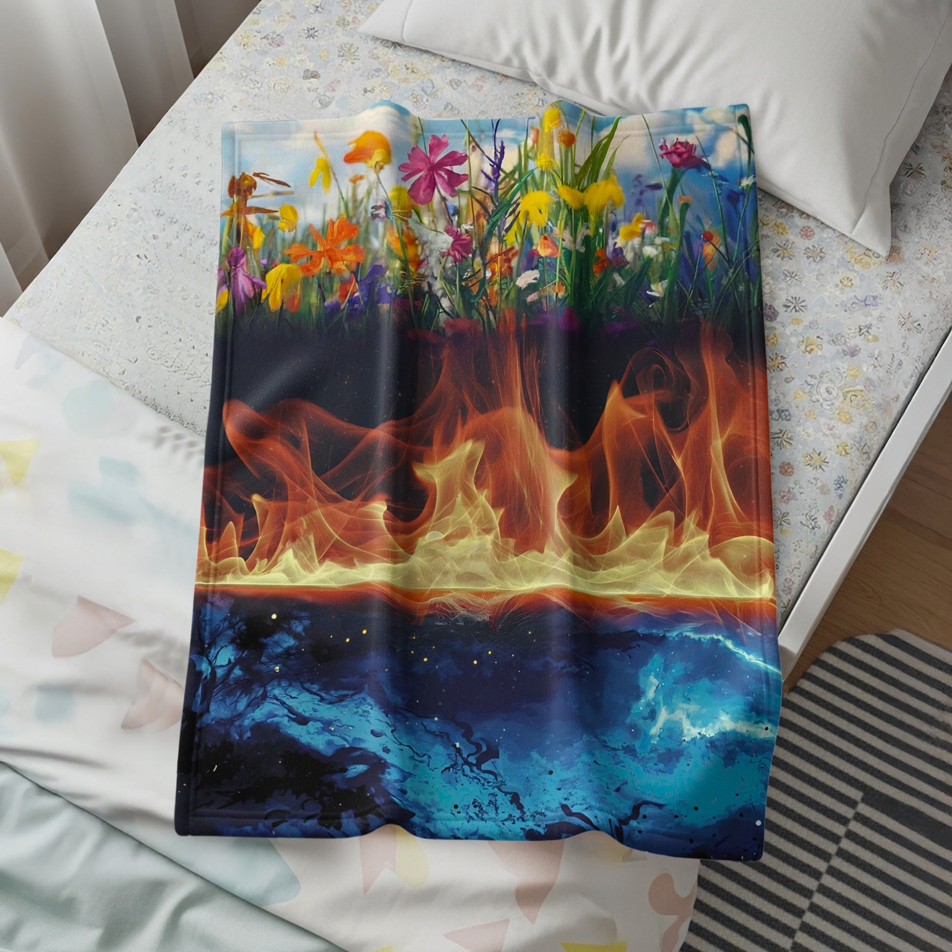 Colorful Floral and Fire Fantasy Throw Blanket
