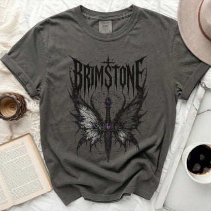 Dark grey t-shirt with "Brimstone Fae & Alchemy" graphic.