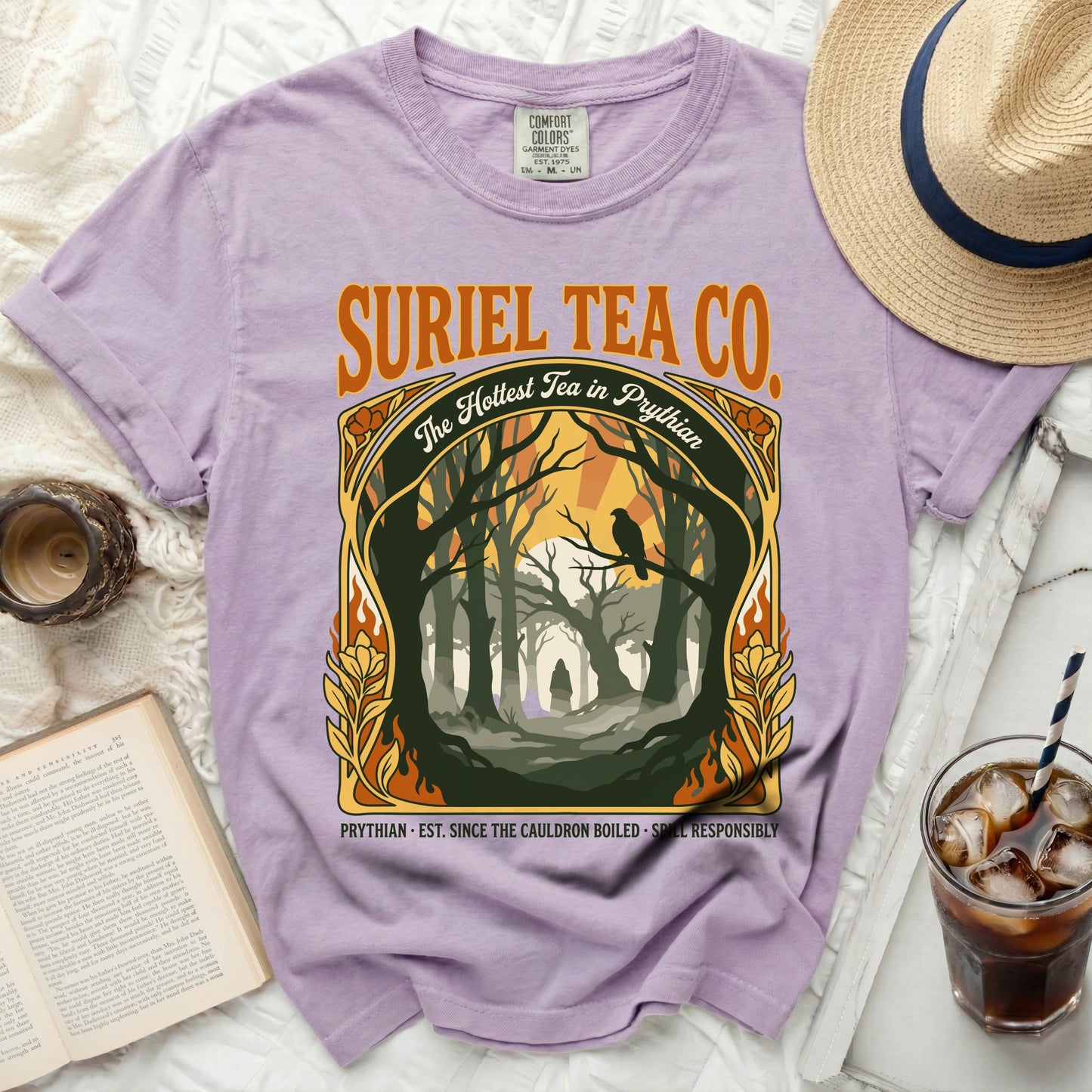 Suriel Tea Co. t-shirt with forest and raven graphic.