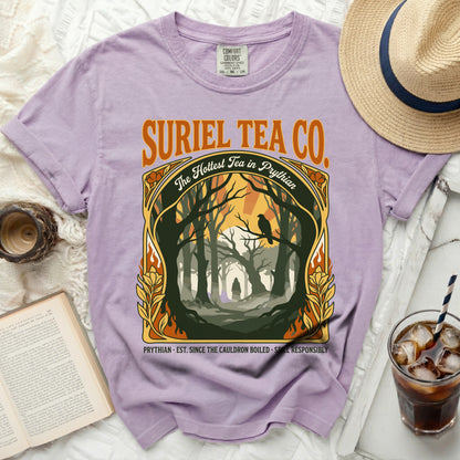 Suriel Tea Co. t-shirt with forest and raven graphic.