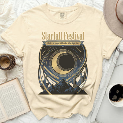 Cream t-shirt with "Starfall Festival" design featuring moon and figures.