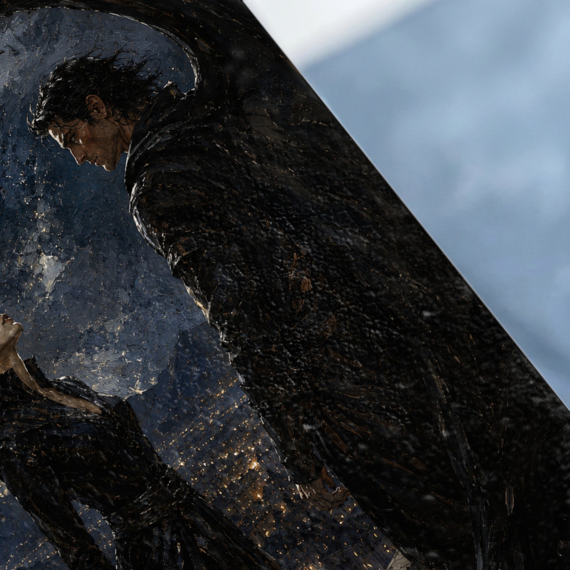 Dark cloaked figure with wings looks down on another figure in dark clothing.