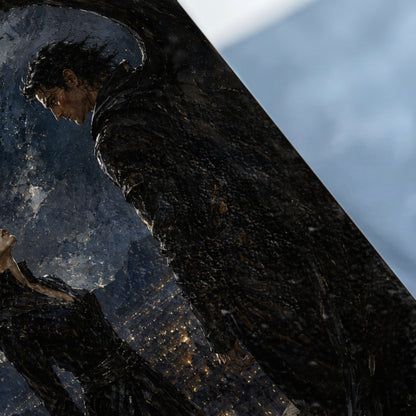 Dark cloaked figure with wings looks down on another figure in dark clothing.